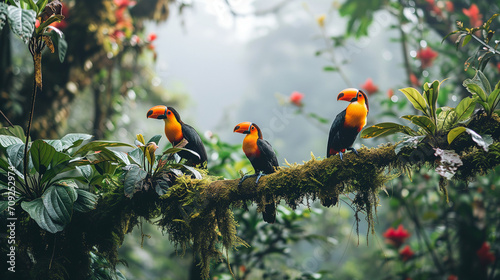 Tropical parrots sitting on a tree branch in the rainforest
