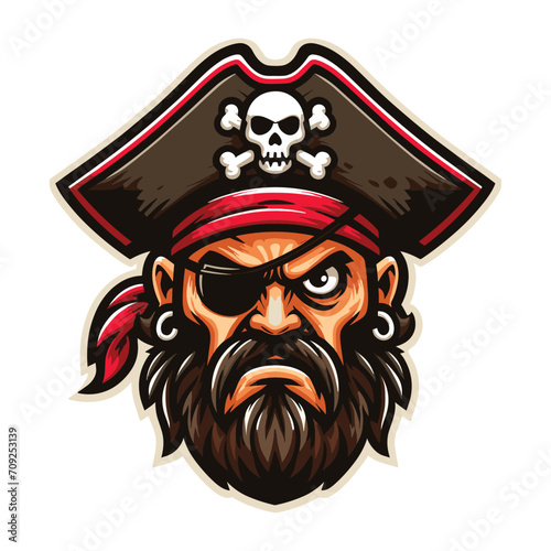 Angry pirate head face with hat and eye patch mascot design vector illustration, logo template isolated on white background