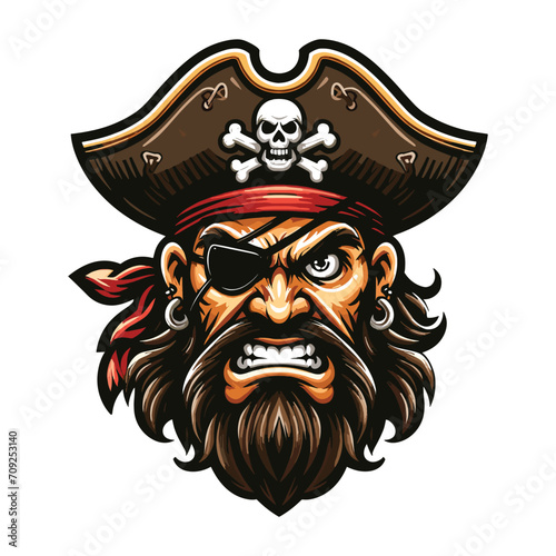 Angry pirate head face with hat and eye patch mascot design vector illustration, logo template isolated on white background