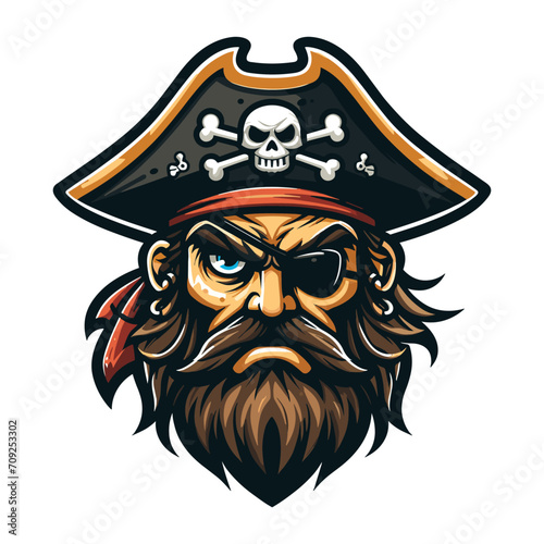 Angry pirate head face with hat and eye patch mascot design vector illustration, logo template isolated on white background