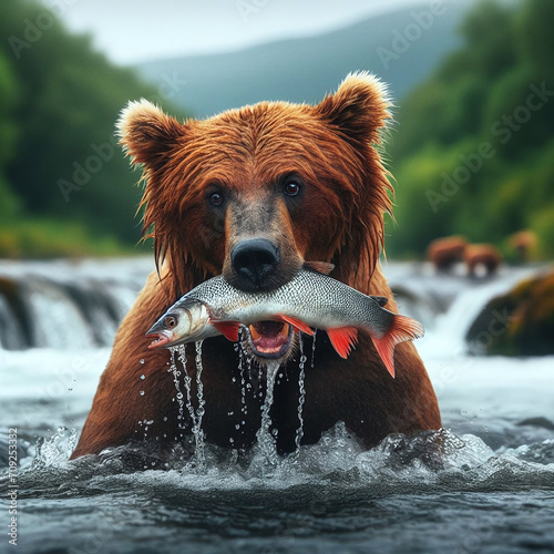 Brown bear with salmon in the river. Wildlife scene from nature.