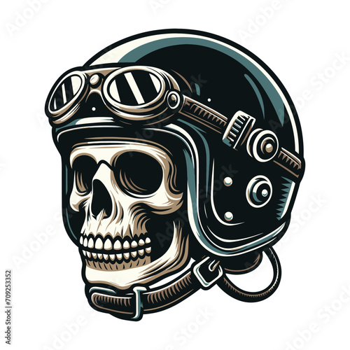 Retro vintage biker racer skull in helmet design vector template illustration. t-shirt design, logo mascot emblem isolated on white background