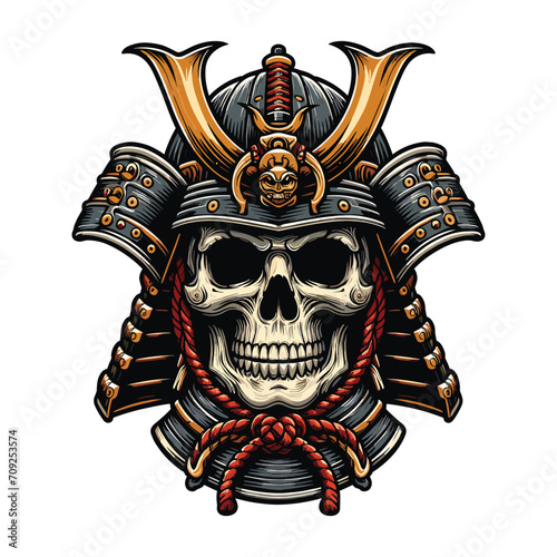 skull head face with samurai helmet design vector illustration. Traditional Japanese culture. Tattoo print. illustration for t-shirt print, fabric and other uses. Isolated on white background
