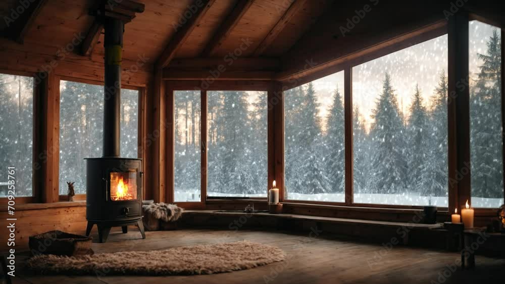 winter forest, chimney place inside wooden cabin with window view to the snow fall
