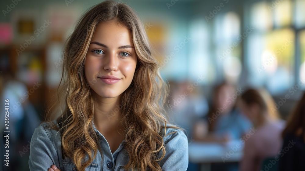 a photo portrait of a beautiful young female american school teacher standing in the classroom, students sitting and walking in the break, blurry background behind, Generative AI.