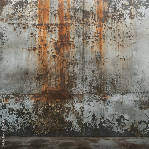 Grunge wall with rust stains and flaking paint, Industrial setting, emphasis on the age and decay of the wall, minimalist composition