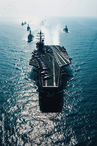 Aerial view. The aircraft carrier accompanied by a squad ships. Space for text.