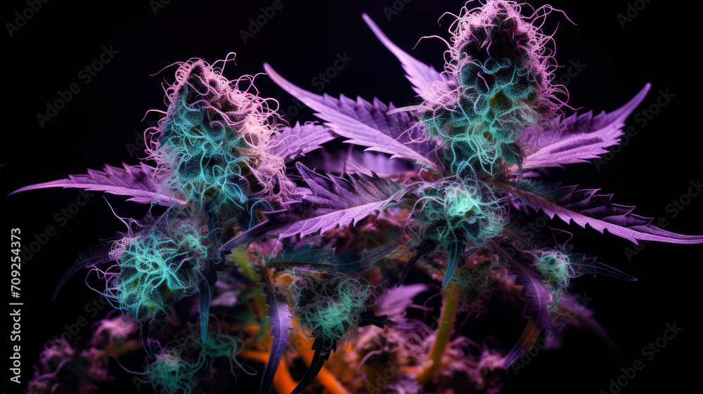 Colored neon large marijuana leaves and hemp buds leaves of flowering cannabis bushes against a bright hallucinogenic psychedelic background Colored neon large marijuana leaves and hemp buds leaves of flowering cannabis bushes against a bright hallucinogenic psychedelic background