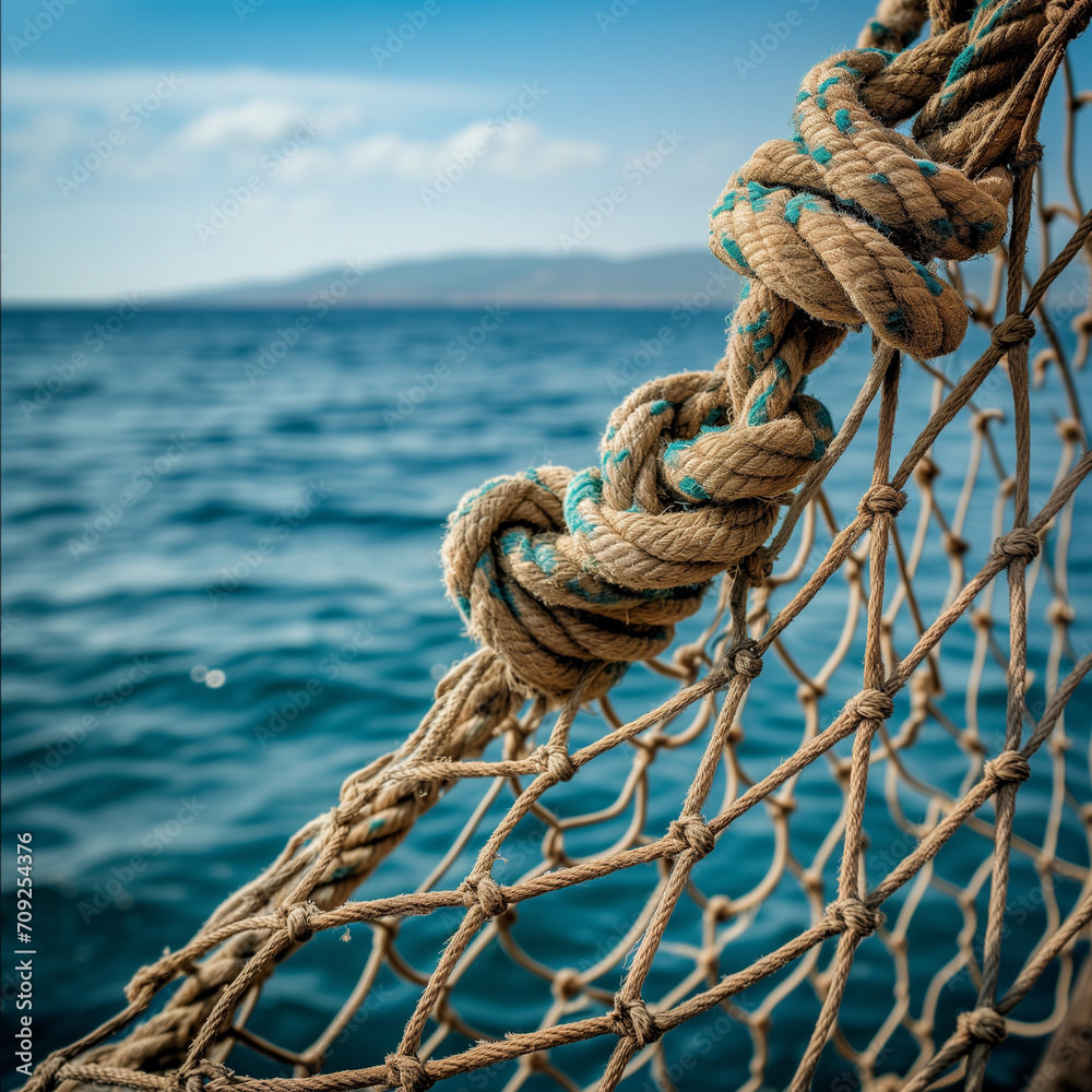 Close-up of a fishing net, detail of the net texture and knots, background of ocean and sky