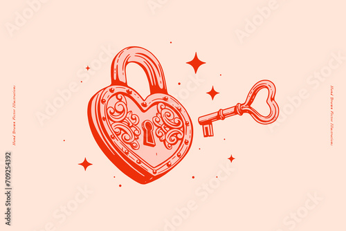 Red forged lock in the shape of a heart and a key to it. A symbol of strong love and marriage. Wedding attribute on a light background. A sign of romantic feelings. Valentine's Day. photo