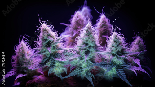 Colored neon large marijuana leaves and hemp buds leaves of flowering cannabis bushes against a bright hallucinogenic psychedelic background