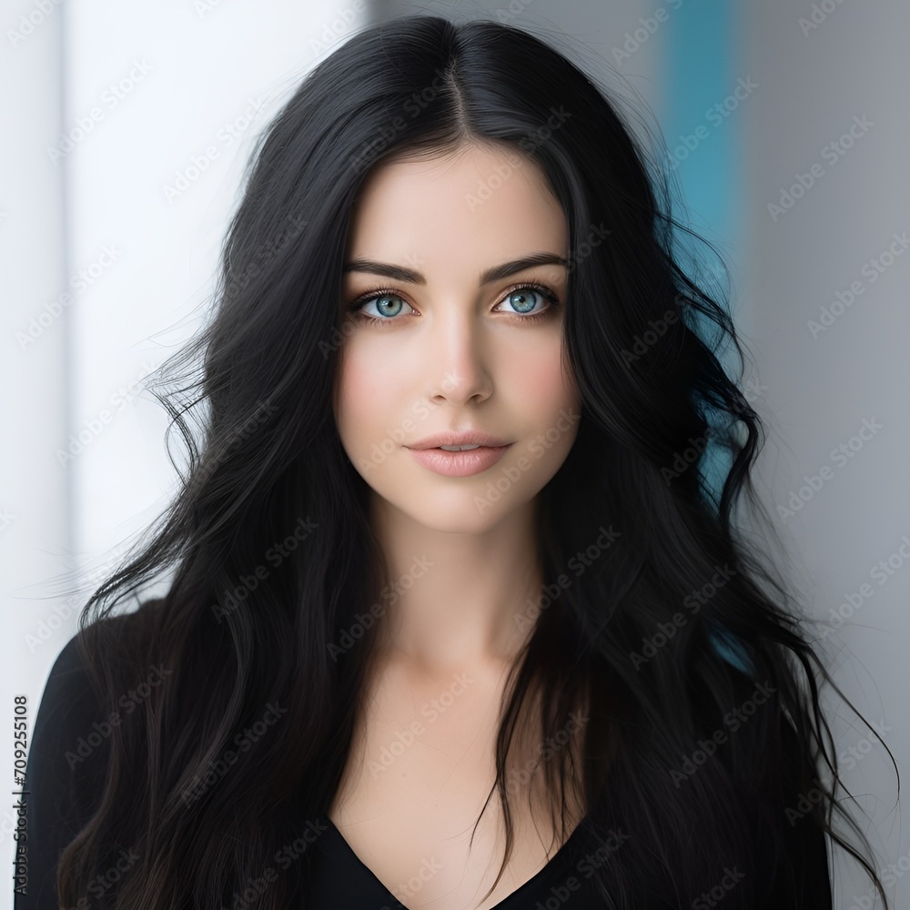 young happy long black haired woman posing and looking in camera,white background young happy long black haired woman posing and looking in camera,white background
