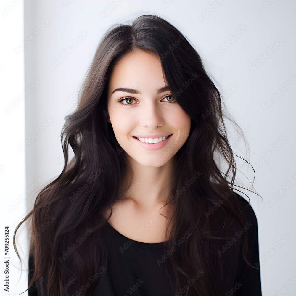 young happy long black haired woman posing and looking in camera,white background young happy long black haired woman posing and looking in camera,white background