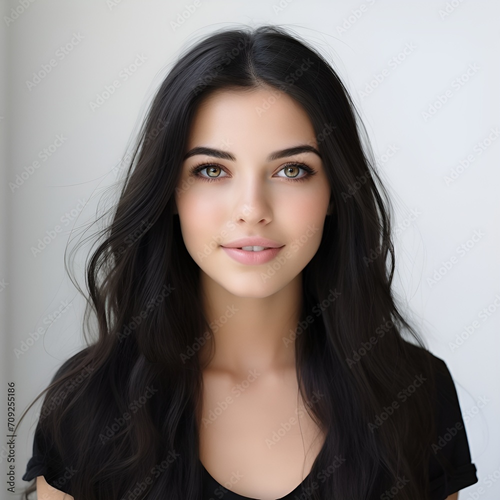 young happy long black haired woman posing and looking in camera,white background young happy long black haired woman posing and looking in camera,white background