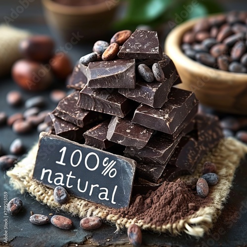 Natural chocolate bars stacked in a tower surrounded by cocoa beans and nuts nearby. 