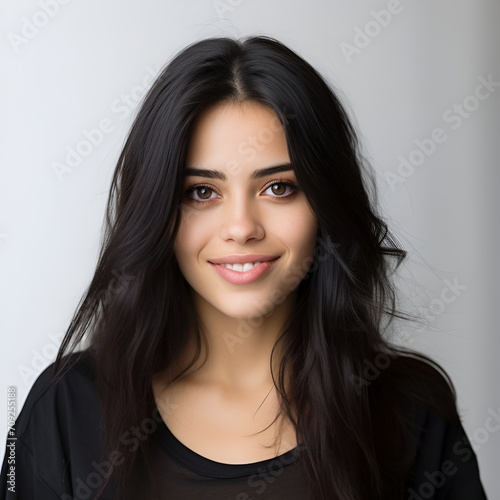 young happy long black haired woman posing and looking in camera,white background