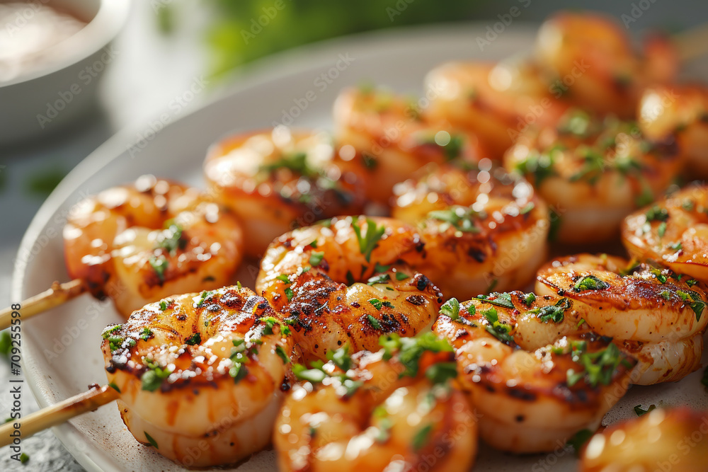Close-up of shrimps kebabs.