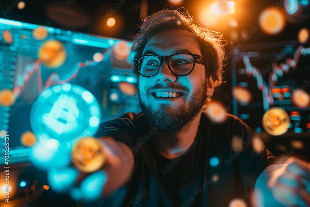 A nerd man happy and hand hanging a Bitcoin. A nerd man happy and hand hanging a Bitcoin.