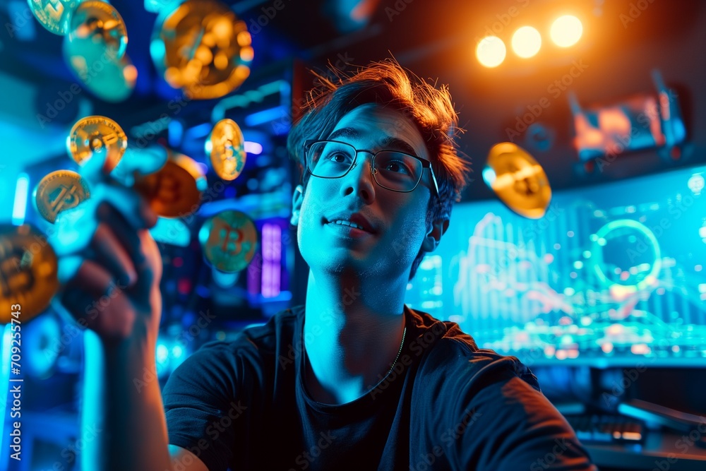 A nerd man happy and hand hanging a Bitcoin. A nerd man happy and hand hanging a Bitcoin.