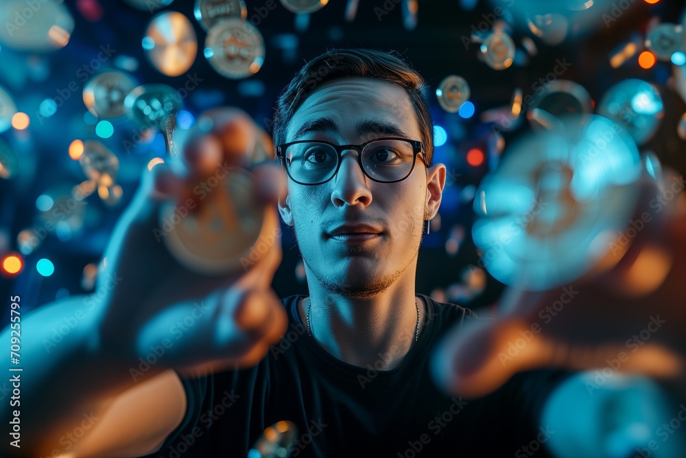 A nerd man happy and hand hanging a Bitcoin.