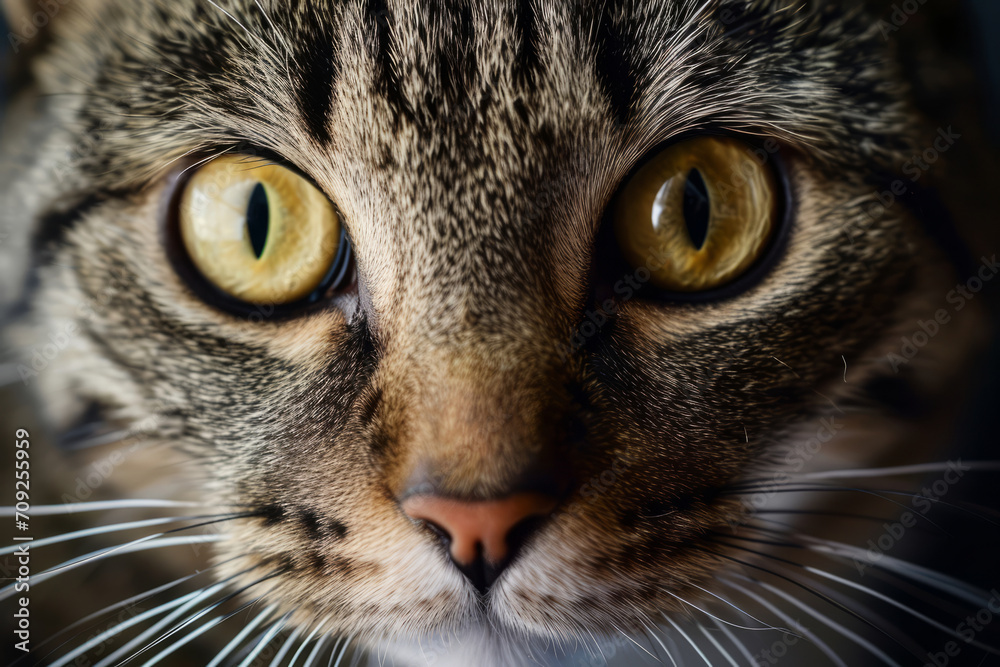 Cat's face with expressive eyes. Pets and lifestyle concept. Generative AI