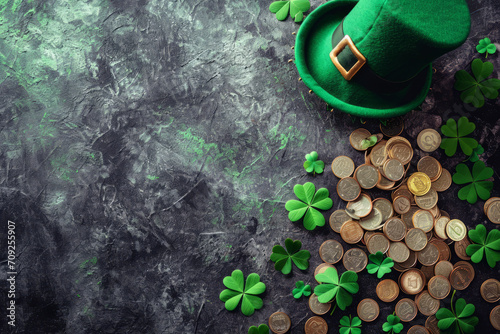 St. Patrick's Day background with leprechaun hat, pot of gold coins and clover leaves. Generative AI