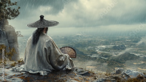 An old chinese man wearing an ancient straw hat, wearing a white Taoist robe and holds a goose feather fan while sitting on top of a mountain and looks into the horizon. heavy raining, landscape shot