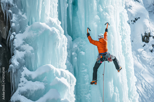 Athletic male free solo ice climbing. Man with ice climbing equipment. Generative AI