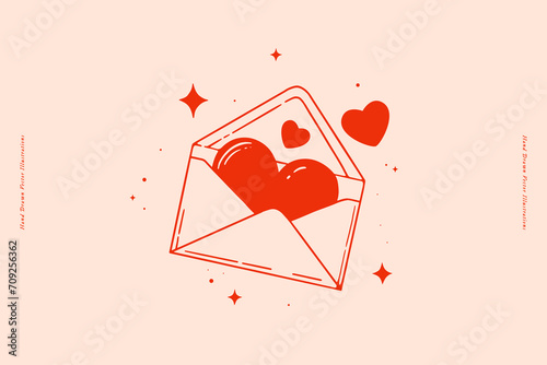 Envelope with red hearts in linear style. Symbol of romance and love.