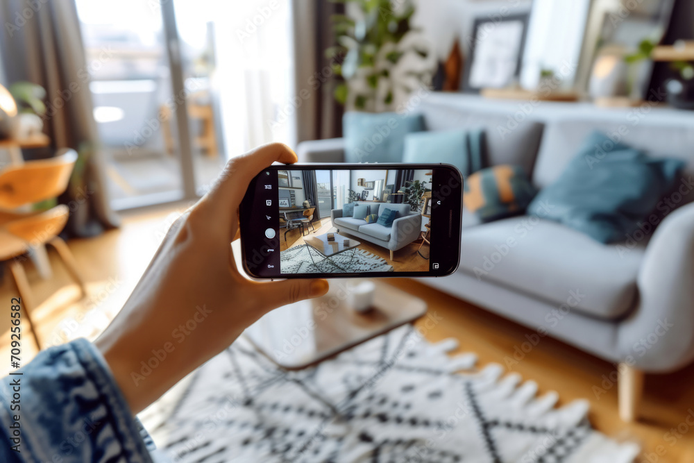 Hands hold smartphone with augmented reality interior design software to choose furniture. Generative AI