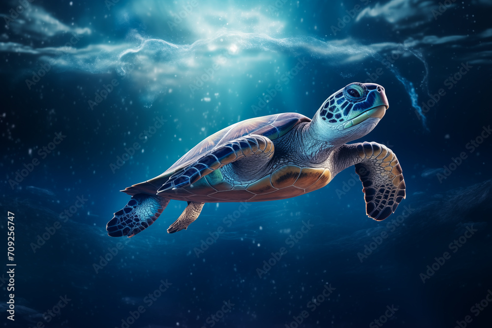 Fototapeta premium A magnificent giant golden sea turtle spreads its paws and swims in the blue depths of the sea