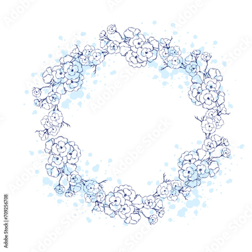 Flower circle frame. Hand drawn round line border, leaves and flowers, wedding invitation and cards, logo design and posters template. Elegant minimal style floral vector isolated 