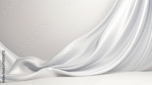 Pristine white display stage with flowing silver drapes in backdrop, Premium showcase mockup template for Beauty, Cosmetic, Luxury products, with copy space for text