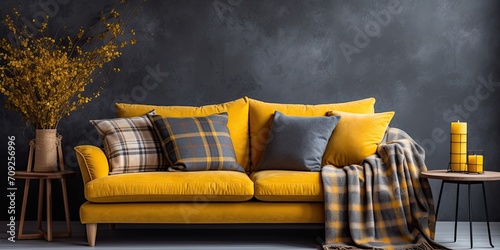 Living room with trendy decor and yellow plaid cushions on the couch