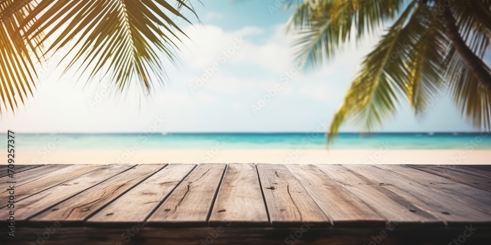 Nature scene of a tropical beach on a wooden table - ideal for displaying or showcasing products.
