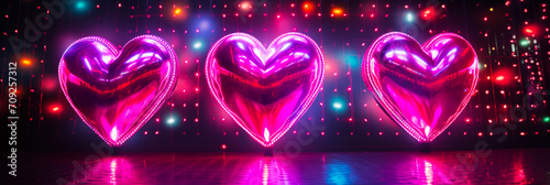 Valentine's Day and Love concept. Neon background in a 90s vintage shiny disco. Shape heart disco ball. Digital festive art for poster, template, flier, banner or design element.