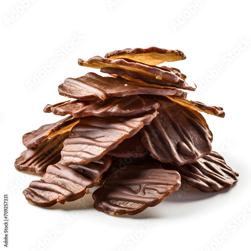 Chocolate covered potato chips on a white background 
