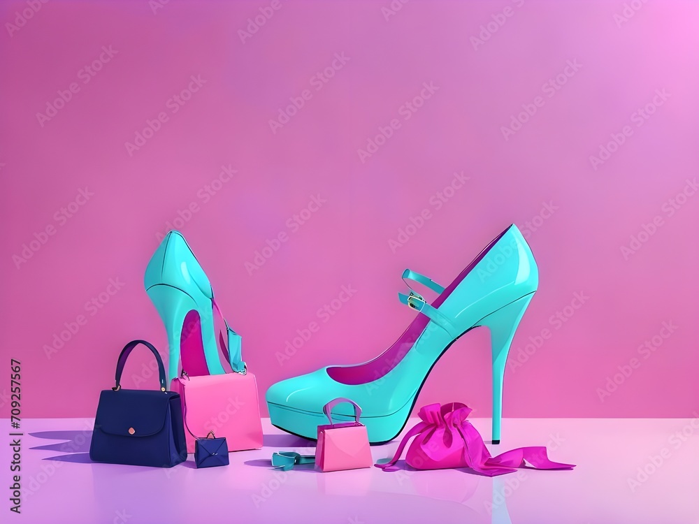 Women's accessories poster with ladies bags and high heels in pastel pink background with copy space for text. Perfect for ladies fashion websites, social media and shop banners. Fashion design card Women's accessories poster with ladies bags and high heels in pastel pink background with copy space for text. Perfect for ladies fashion websites, social media and shop banners. Fashion design card