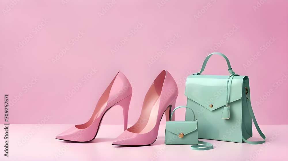 Women's accessories poster with ladies bags and high heels in pastel pink background with copy space for text. Perfect for ladies fashion websites, social media and shop banners. Fashion design card Women's accessories poster with ladies bags and high heels in pastel pink background with copy space for text. Perfect for ladies fashion websites, social media and shop banners. Fashion design card