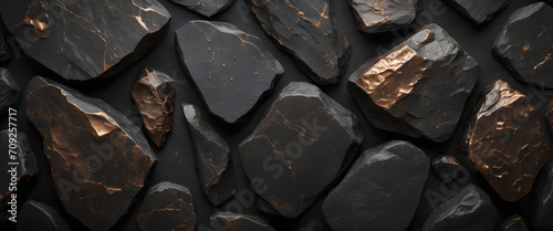 texture of contrast black stone surface between bronze cracked dark wall background.