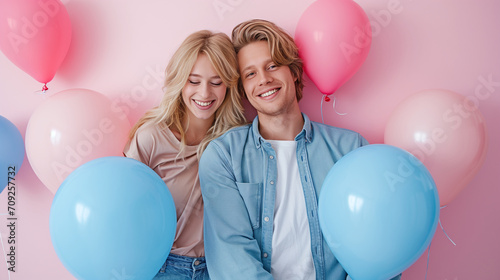 Cheerful young couple surrounded by pastel balloons, sharing a joyful moment against a pink backdrop