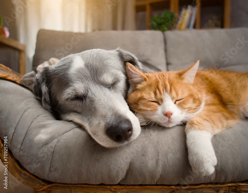 Un chat et un chien font la sieste