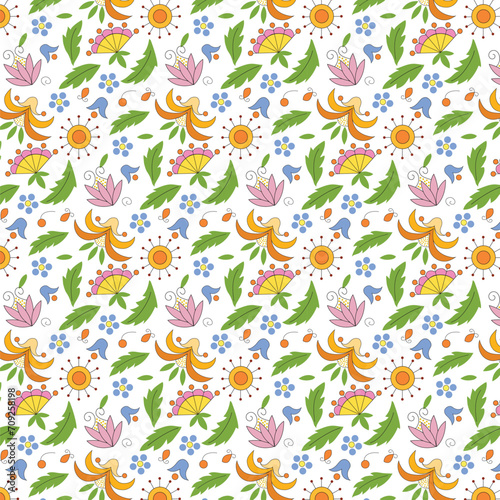 Pattern of various floral Polish motifs. Leaves, flowers, decorative elements. Ideal for fabric and textiles.