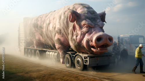 Huge pig on truck trailer with people around and copy space photo