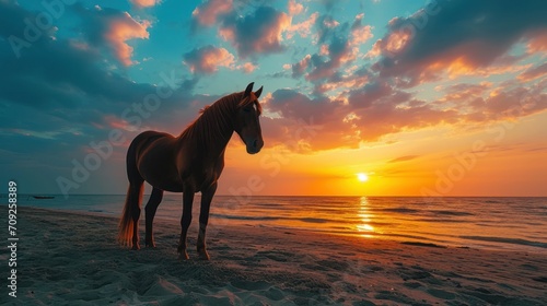 A majestic brown horse stands gracefully on a sandy beach, silhouetted against a cloudy blue and orange sky during a breathtaking sunset © DreamPointArt