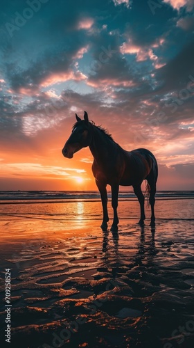 A majestic brown horse stands gracefully on a sandy beach, silhouetted against a cloudy blue and orange sky during a breathtaking sunset
