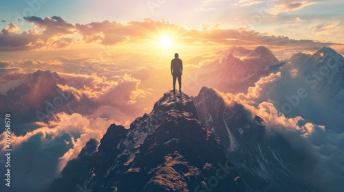 A solitary figure stands triumphantly atop a mountain peak, the silhouette boldly outlined against the sky, embodying the essence of achievement and the conquering of heights photo