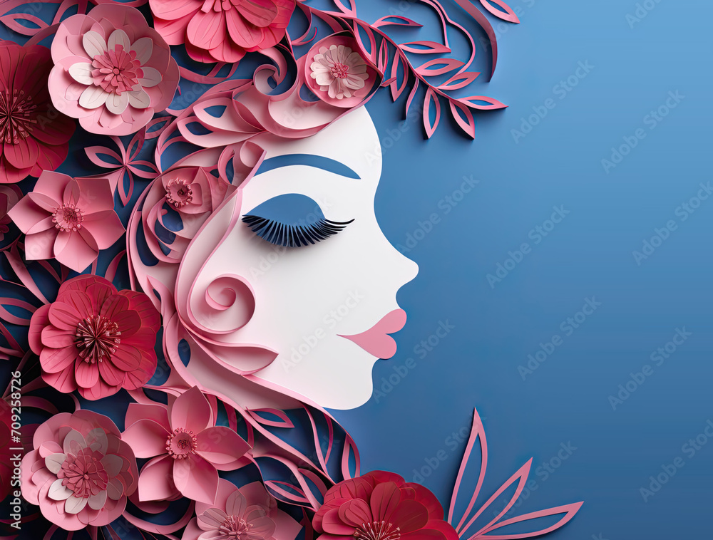 8 March, International Happy Women's Day Greetings card. Woman profile decorated with paper cut flowers and leaves. Modern botanical art sculpture. Floral paper cut
