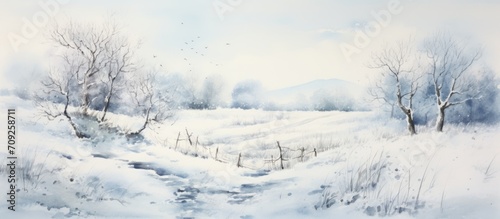Hand-drawn winter watercolor with falling snow and uneven edges.
