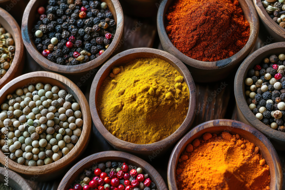 Different spices in a small wooden bowls. Different spices in a small wooden bowls.